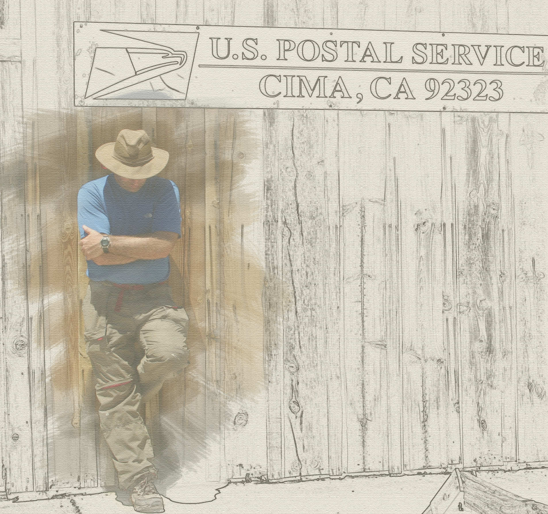an artistic, stylized rendering of a man standing at a post office